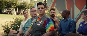 Movie still from “Timmy Failure: Mistakes Were Made” (2020), directed by Tom McCarthy – A group of people sitting next to each other; Medium shot, Over the shoulder angle