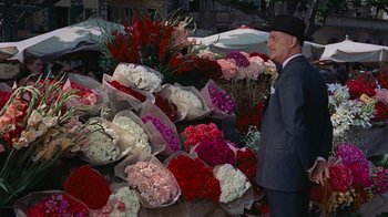 Movie still from “To Catch a Thief” (1955), directed by Alfred Hitchcock – A man standing next to a bunch of flowers; Medium shot, High angle
