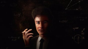 Movie still from “To End All War: Oppenheimer & the Atomic Bomb” (2023), directed by Christopher Cassel – A man in a suit and tie smoking a cigarette; Close Up shot, Overhead angle