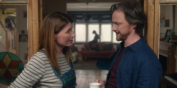 Movie still from “Together” (2021), directed by Justin Martin – A man and a woman talking to each other; Medium shot, Over the shoulder angle