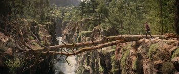 Movie still from “Tomb Raider” (2018), directed by Roar Uthaug – A view of trees and a river in a forest; Extreme Wide shot, Overhead angle