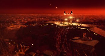 Movie still from “Total Recall” (1990), directed by Paul Verhoeven – An aerial view of a city at night with a red sky; Extreme Wide shot, High angle