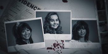 Movie still from “Totally Killer” (2023), directed by Nahnatchka Khan – A bunch of pictures of a young girl with blood on the ground; Extreme Close Up shot, Overhead angle