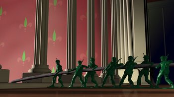 Movie still from “Toy Story” (1995), directed by John Lasseter – A group of green toy soldiers in front of a red wall; Extreme Wide shot, Low angle