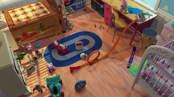 Movie still from “Toy Story” (1995), directed by John Lasseter – An overhead view of a child's bedroom with a toy car; Extreme Wide shot, High angle