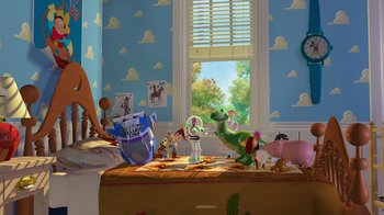 Movie still from “Toy Story” (1995), directed by John Lasseter – A toy story room with toy story characters on the wall; Wide shot, High angle