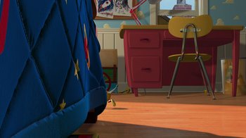Movie still from “Toy Story” (1995), directed by John Lasseter – A bedroom scene with a bed , desk , and chair; Extreme Wide shot, High angle