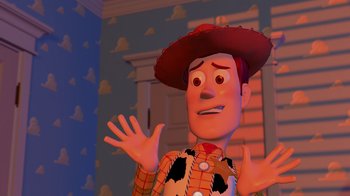 Movie still from “Toy Story” (1995), directed by John Lasseter – A character from toy story; Close Up shot, Over the shoulder angle