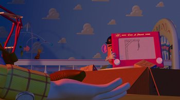 Movie still from “Toy Story” (1995), directed by John Lasseter – A toy story scene with woody and buzz lightyear in the background; Extreme Wide shot, Over the shoulder angle