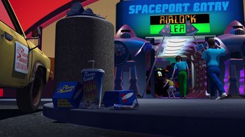 Movie still from “Toy Story” (1995), directed by John Lasseter – An image of an animated scene of a space port; Extreme Wide shot, Low angle