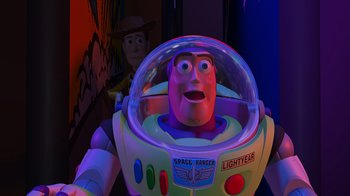 Movie still from “Toy Story” (1995), directed by John Lasseter – A toy story buzz lightyear's face; Medium shot, Low angle