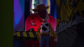 A toy story character in front of a neon sign