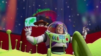 Movie still from “Toy Story” (1995), directed by John Lasseter – Two toy story characters in a field at night; Wide shot, Over the shoulder angle