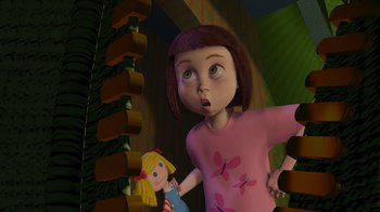Movie still from “Toy Story” (1995), directed by John Lasseter – A cartoon of a girl holding onto a doll; Medium shot, Low angle