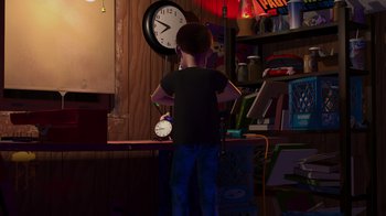 Movie still from “Toy Story” (1995), directed by John Lasseter – A young boy standing in front of a clock; Wide shot, High angle