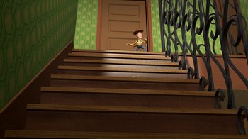 Movie still from “Toy Story” (1995), directed by John Lasseter – A toy story character standing at the top of a set of stairs; Extreme Wide shot, High angle