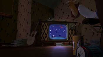 Movie still from “Toy Story” (1995), directed by John Lasseter – An animated television set with a guitar , clock , clock , and a guitar; Extreme Wide shot, High angle