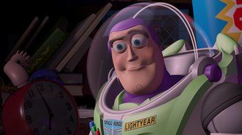 Movie still from “Toy Story” (1995), directed by John Lasseter – A toy story character in a spacesuit; Medium shot, Over the shoulder angle
