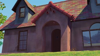 Movie still from “Toy Story” (1995), directed by John Lasseter – An arched doorway leads to a brick house; Extreme Wide shot, Low angle