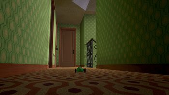 Movie still from “Toy Story” (1995), directed by John Lasseter – An image of a room with a door open and green walls; Extreme Wide shot, Overhead angle