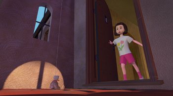 Movie still from “Toy Story” (1995), directed by John Lasseter – A cartoon of a little girl and a bird; Wide shot, Low angle