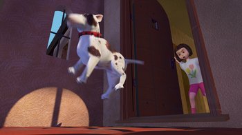 Movie still from “Toy Story” (1995), directed by John Lasseter – A dog jumping in the air in front of a door; Wide shot, Low angle