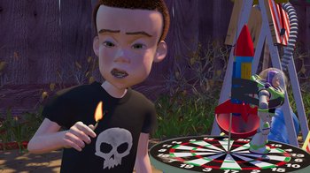 Movie still from “Toy Story” (1995), directed by John Lasseter – A boy is holding a burning match in front of a dartboard; Medium shot, High angle