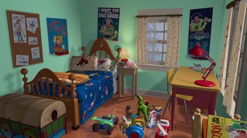 Movie still from “Toy Story” (1995), directed by John Lasseter – A toy story themed bedroom with a toy story theme; Extreme Wide shot, High angle