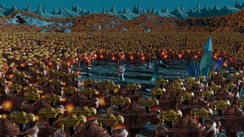 Movie still from “Toy Story 2” (1999), directed by Lee Unkrich – An image of a large group of people in a field; Extreme Wide shot, High angle