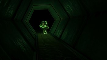 Movie still from “Toy Story 2” (1999), directed by Lee Unkrich – A man is walking down a dark tunnel; Extreme Wide shot, Overhead angle