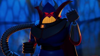 Movie still from “Toy Story 2” (1999), directed by Lee Unkrich – A picture of a cartoon character with a sword; Medium shot, Low angle