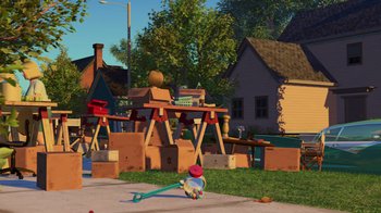 Movie still from “Toy Story 2” (1999), directed by Lee Unkrich – An animated scene of a child playing with a toy truck; Extreme Wide shot, High angle