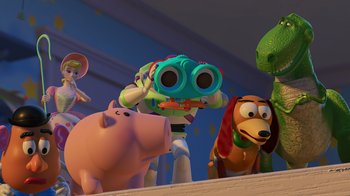 Movie still from “Toy Story 2” (1999), directed by Lee Unkrich – A group of toy story characters standing next to each other; Wide shot, Low angle
