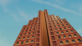Movie still from “Toy Story 2” (1999), directed by Lee Unkrich – A very tall brick building with many windows on a sunny day; Extreme Wide shot, Low angle