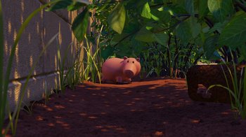 Movie still from “Toy Story 2” (1999), directed by Lee Unkrich – An animated pig in the middle of a forest; Wide shot, High angle