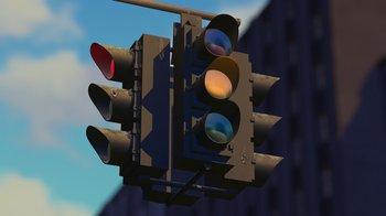 Movie still from “Toy Story 2” (1999), directed by Lee Unkrich – An image of a traffic light that is hanging from the side of a building; Extreme Close Up shot, Low angle