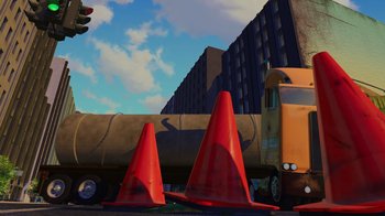 Movie still from “Toy Story 2” (1999), directed by Lee Unkrich – Two orange traffic cones sitting on the side of the road; Extreme Wide shot, Low angle