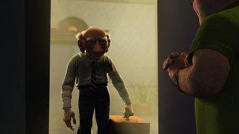 Movie still from “Toy Story 2” (1999), directed by Lee Unkrich – An old man wearing glasses and a tie is standing next to an older man; Medium shot, Over the shoulder angle