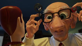 Movie still from “Toy Story 2” (1999), directed by Lee Unkrich – An old man wearing glasses and a white shirt is looking at the camera; Close Up shot, Over the shoulder angle