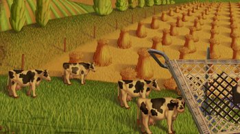 Movie still from “Toy Story 2” (1999), directed by Lee Unkrich – A group of cows standing in the grass near a field; Extreme Wide shot, Overhead angle