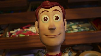 Movie still from “Toy Story 2” (1999), directed by Lee Unkrich – The head of woody from toy story; Close Up shot, Over the shoulder angle