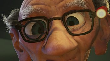 Movie still from “Toy Story 2” (1999), directed by Lee Unkrich – An image of an old man wearing glasses; Extreme Close Up shot, Over the shoulder angle