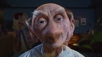 Movie still from “Toy Story 2” (1999), directed by Lee Unkrich – An old man with an odd face; Close Up shot, Over the shoulder angle