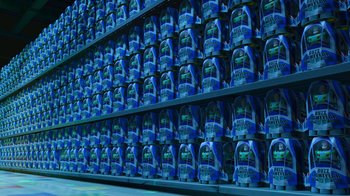 Movie still from “Toy Story 2” (1999), directed by Lee Unkrich – A large amount of bottles are stacked on top of each other; Extreme Wide shot, High angle