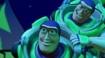 Movie still from “Toy Story 2” (1999), directed by Lee Unkrich – Buzz lightyear's face in a space ship; Medium shot, Low angle