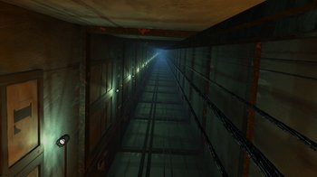 Movie still from “Toy Story 2” (1999), directed by Lee Unkrich – A long dark hallway with a light shining on it; Extreme Wide shot, Overhead angle