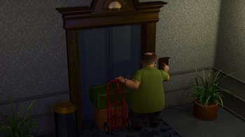 Movie still from “Toy Story 2” (1999), directed by Lee Unkrich – An animated man is standing in front of a door; Medium shot, High angle