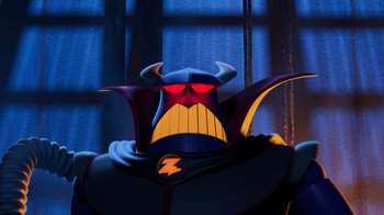 Movie still from “Toy Story 2” (1999), directed by Lee Unkrich – The head of a cartoon character; Medium shot, Low angle