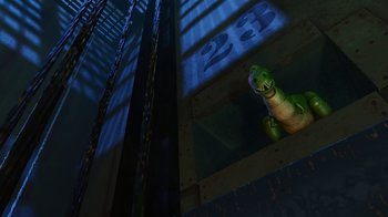 Movie still from “Toy Story 2” (1999), directed by Lee Unkrich – A toy snake sitting on top of a wooden platform; Extreme Wide shot, High angle