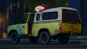 Movie still from “Toy Story 2” (1999), directed by Lee Unkrich – An old truck is parked on the side of the road; Wide shot, Low angle